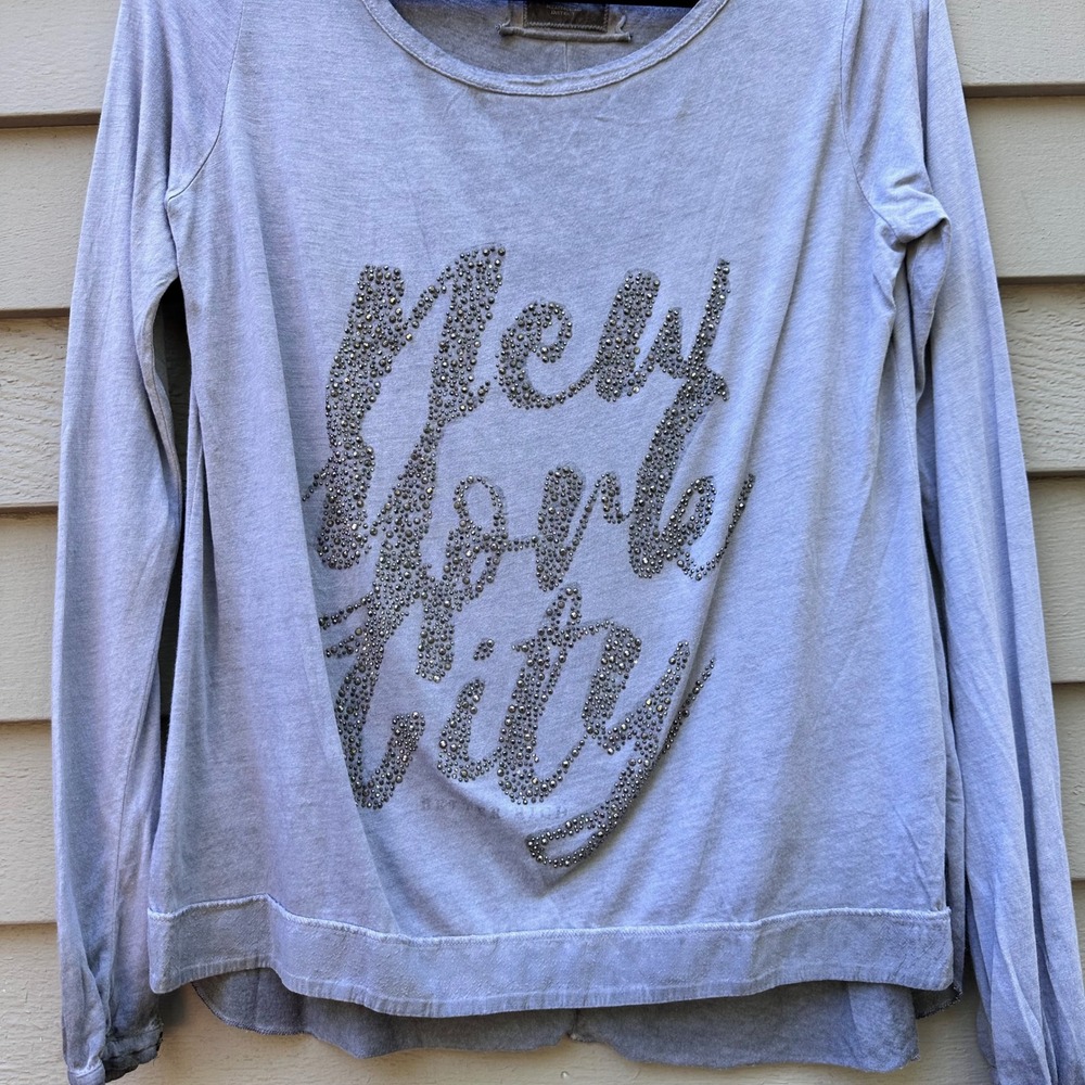 Better Rich Gray Rhinestone New York City Long Sleeve Graphic Top Cotton Modal - Picture 2 of 12